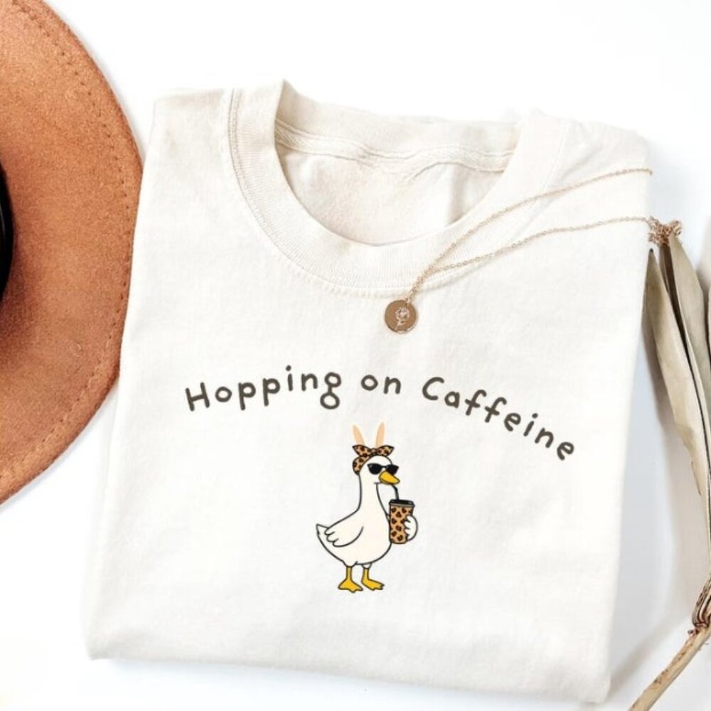 Easter Goose Shirt, Hopping on Caffeine Tee, Leopard Bunny Coffee Girl T Shirt